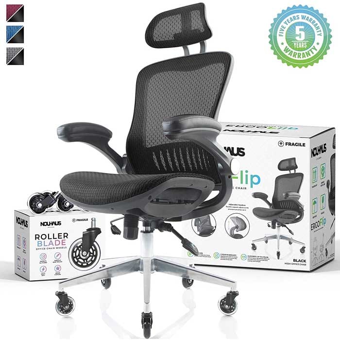 NOUHAUS ErgoFlip Mesh Computer Chair Black Rolling Desk Chair with Retractable Armrest and Blade Wheels Ergonomic Office Chair